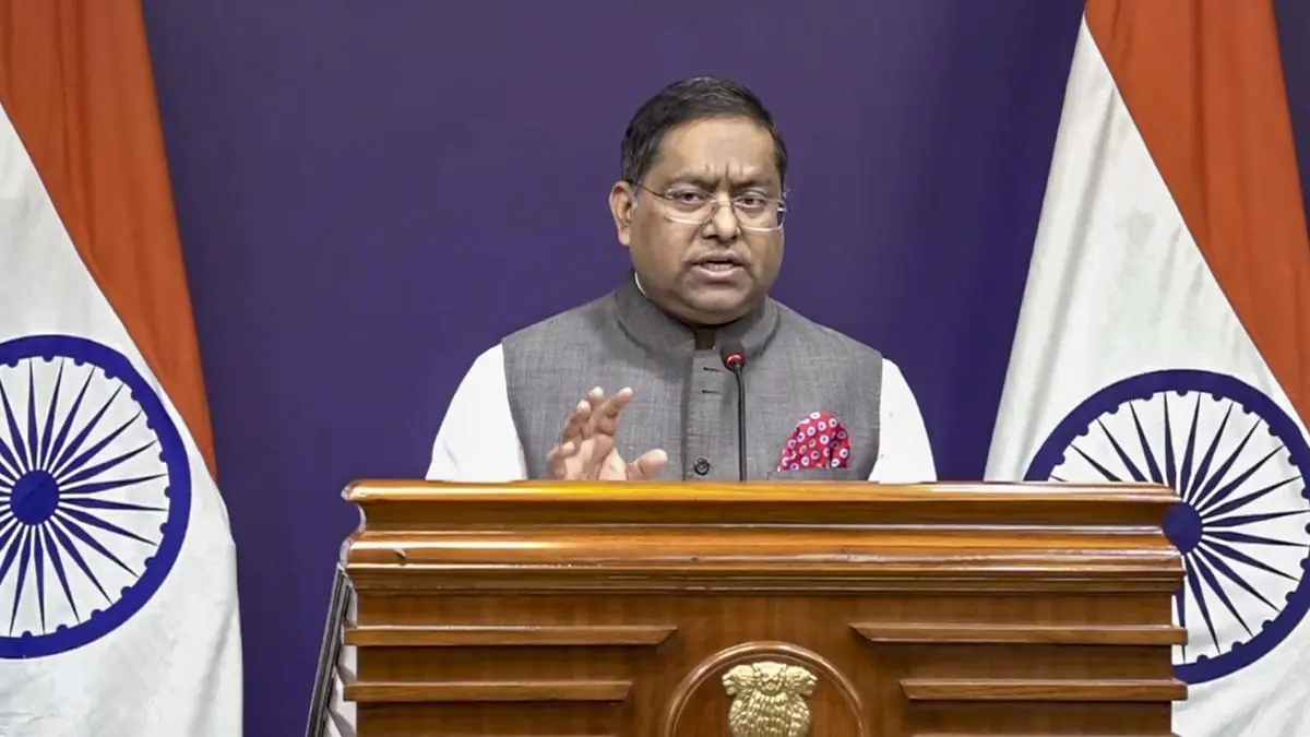 MEA spokesperson Randhir Jaiswal addressing media