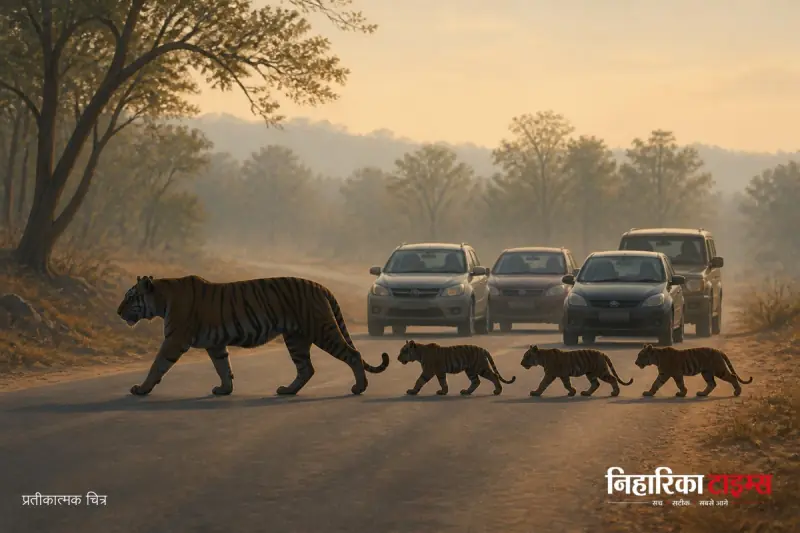 Tigress Walks on Road with Three Cubs, Stops Traffic